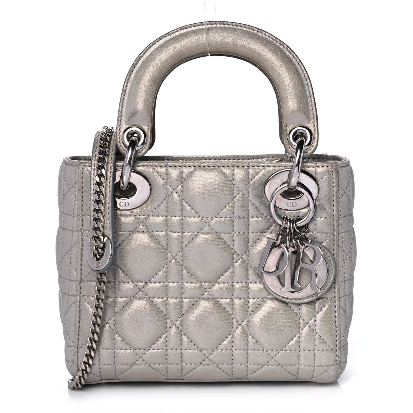 Metallic Lambskin Cannage Mini Lady Dior Silver
