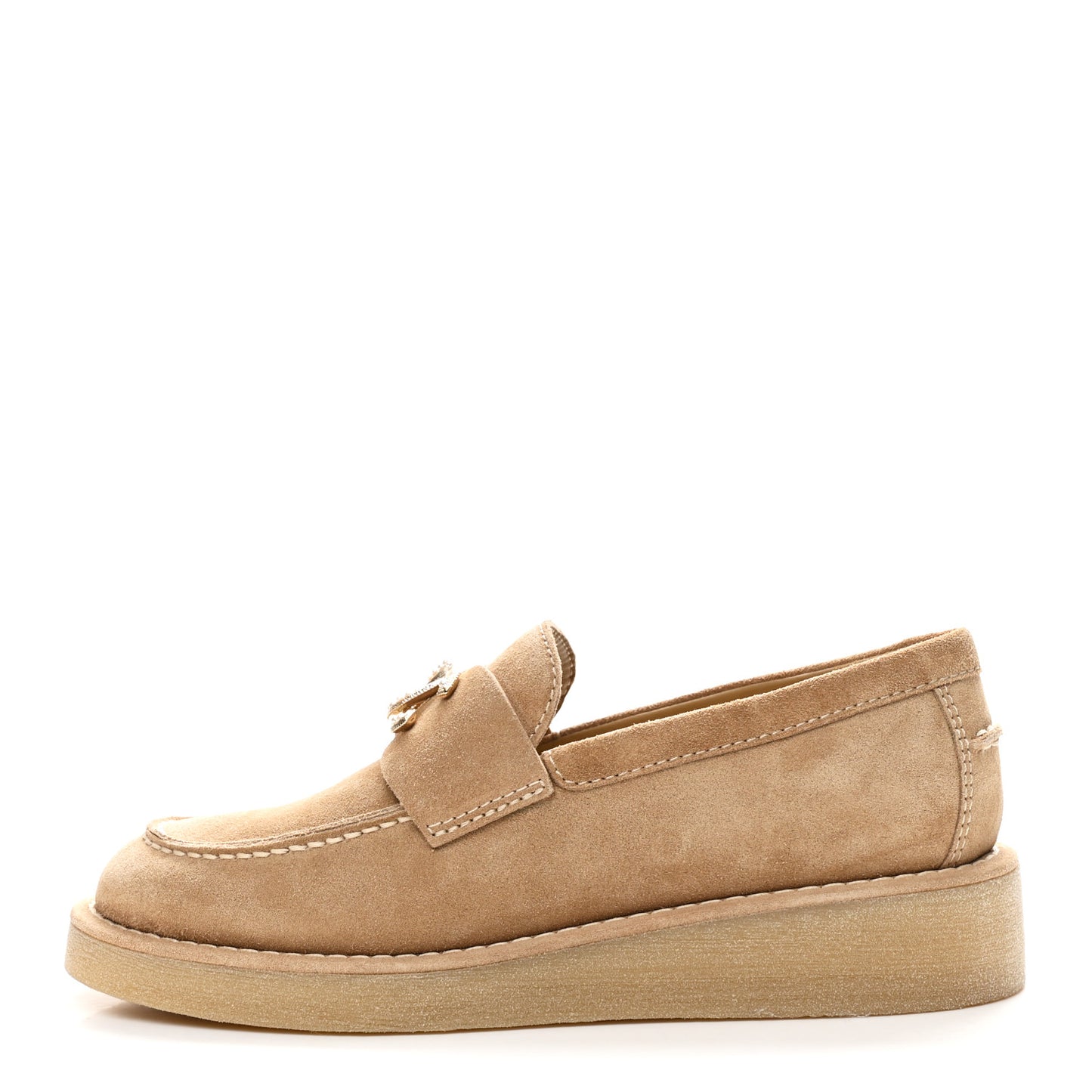 Suede Calfskin Pearl CC Moccasin Loafers 37 Dark Beige
