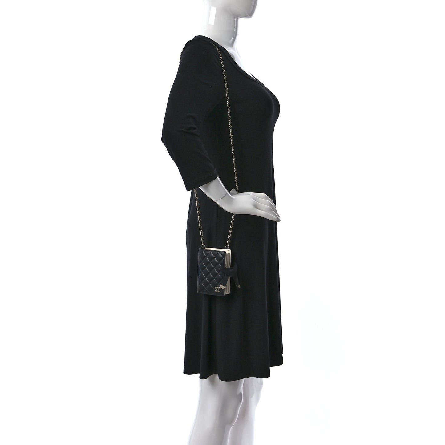 Lambskin Quilted Book Card Holder on Chain Black