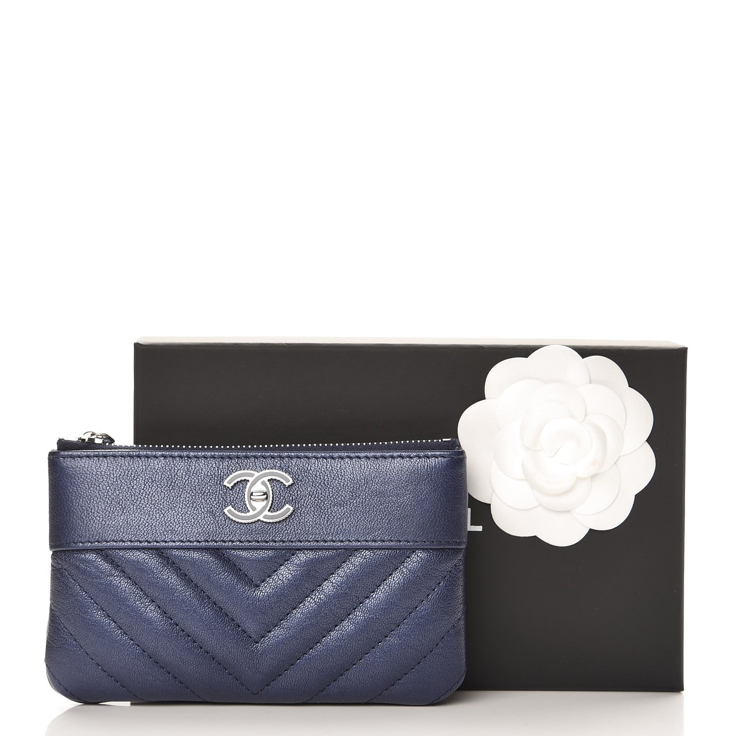 Metallic Sheepskin Chevron Quilted Small Vintage Mademoiselle Cosmetic Case Navy