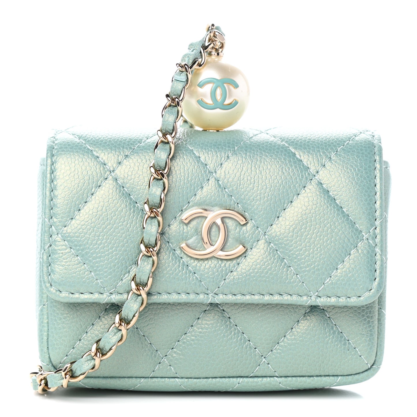 Iridescent Caviar Quilted Pearl On Top Coin Purse With Chain Light Green