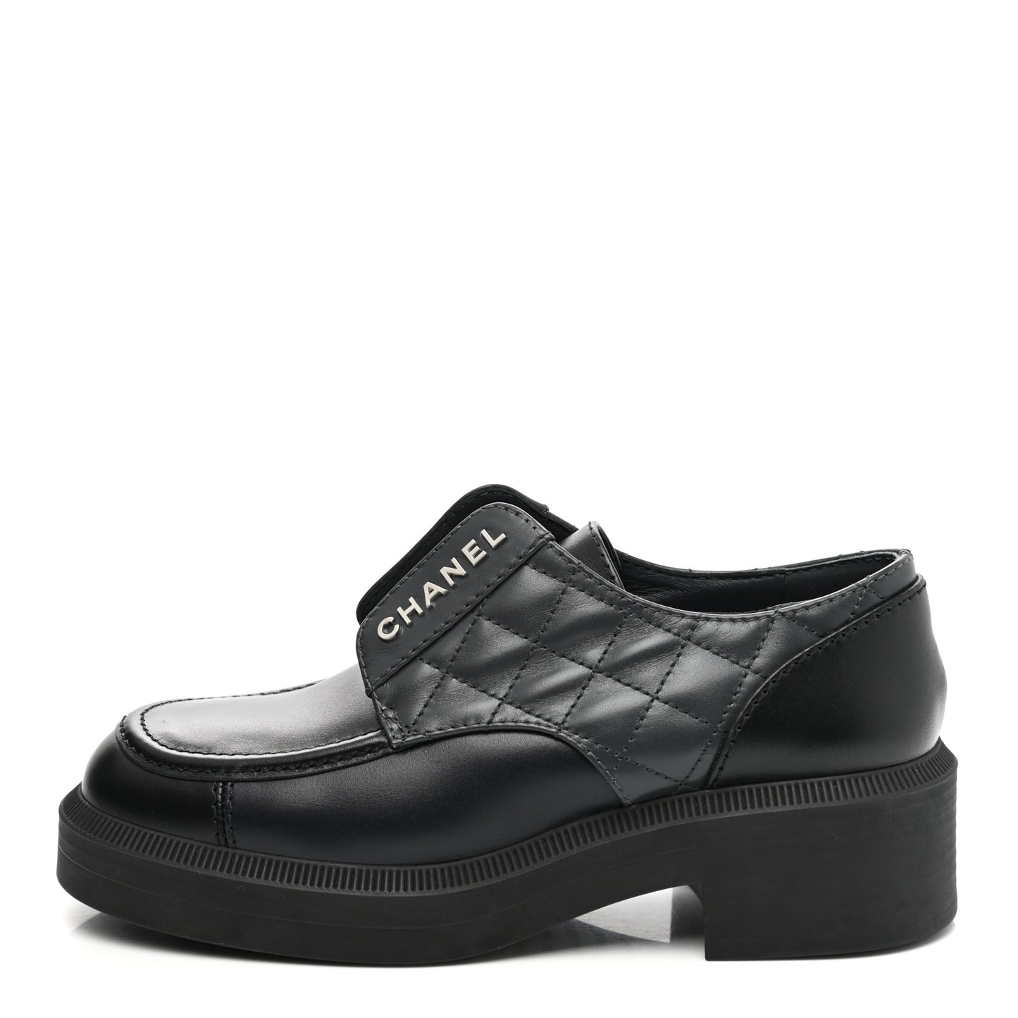 Calfskin Quilted Logo Lace Up Loafers 36 Black Grey