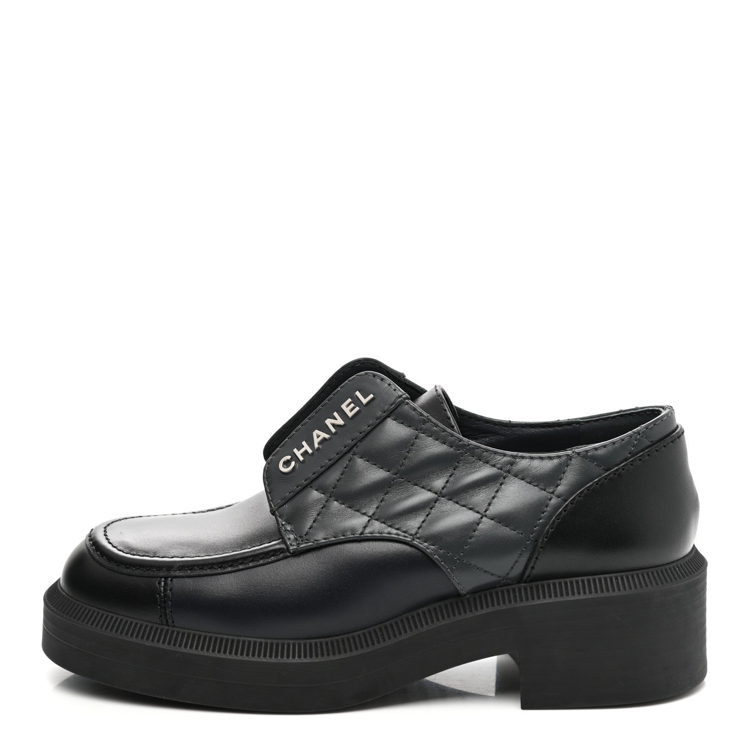 Chanel Calfskin Quilted Logo Lace Up Loafers 36 Black Grey 1 of 8