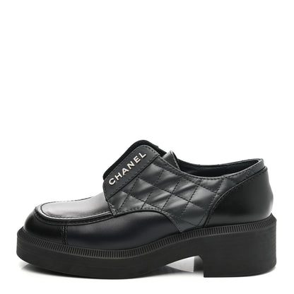 Chanel Calfskin Quilted Logo Lace Up Loafers 36 Black Grey 1 of 8