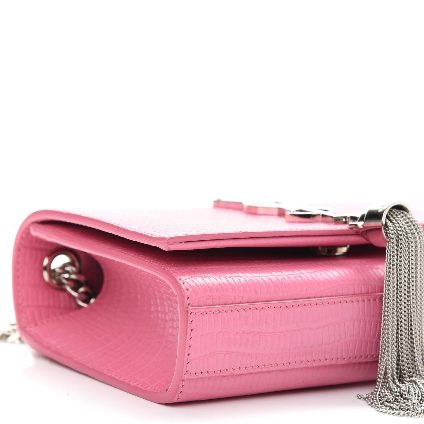 Calfskin Crocodile Embossed Small Classic Monogram Kate Tassel Satchel Bubblegum