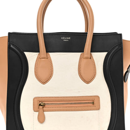 Celine Calfskin Shrunken Lambskin Micro Tri-Color Luggage Black Brown White 7 of 13