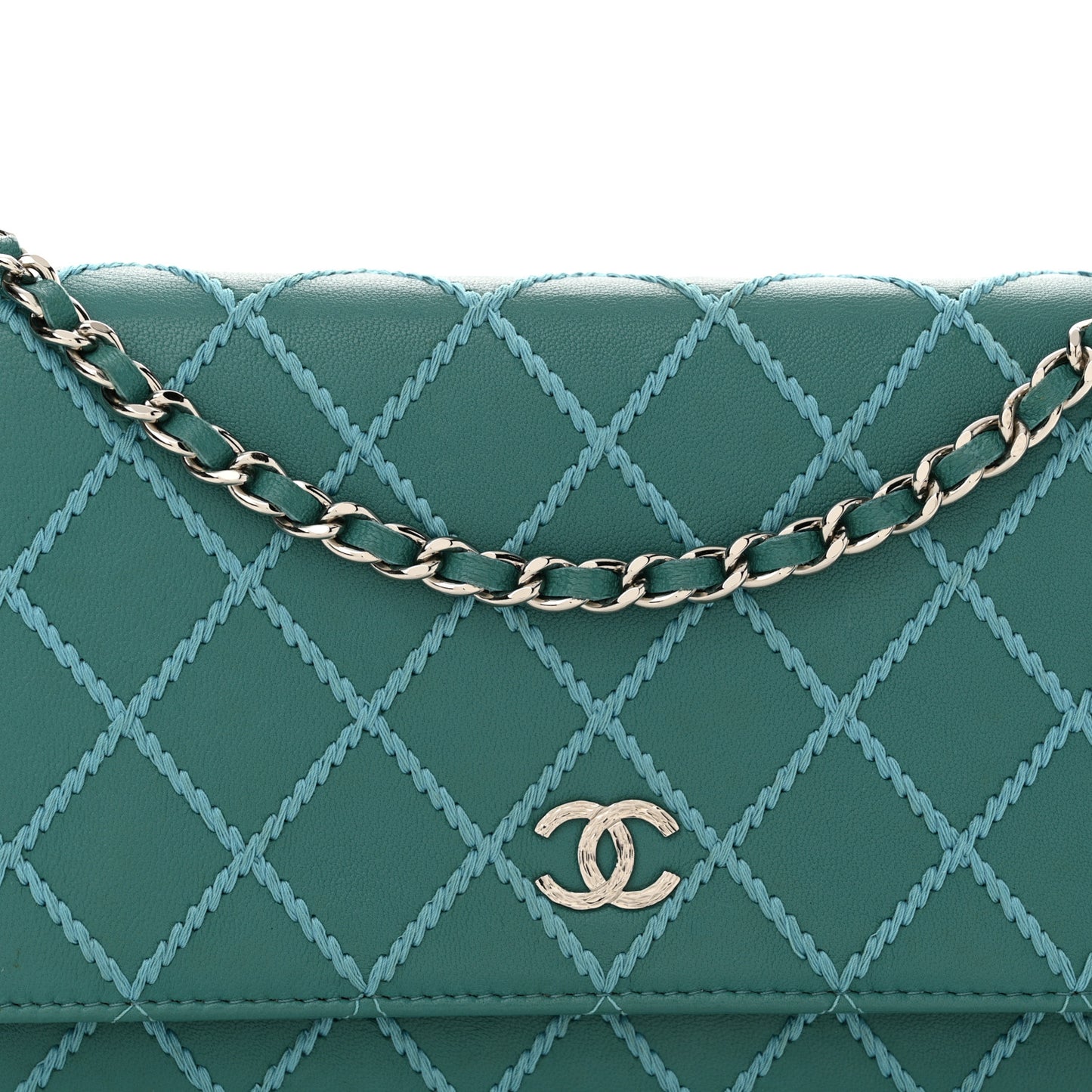 Calfskin Diamond Stitch Wallet On Chain WOC Turquoise