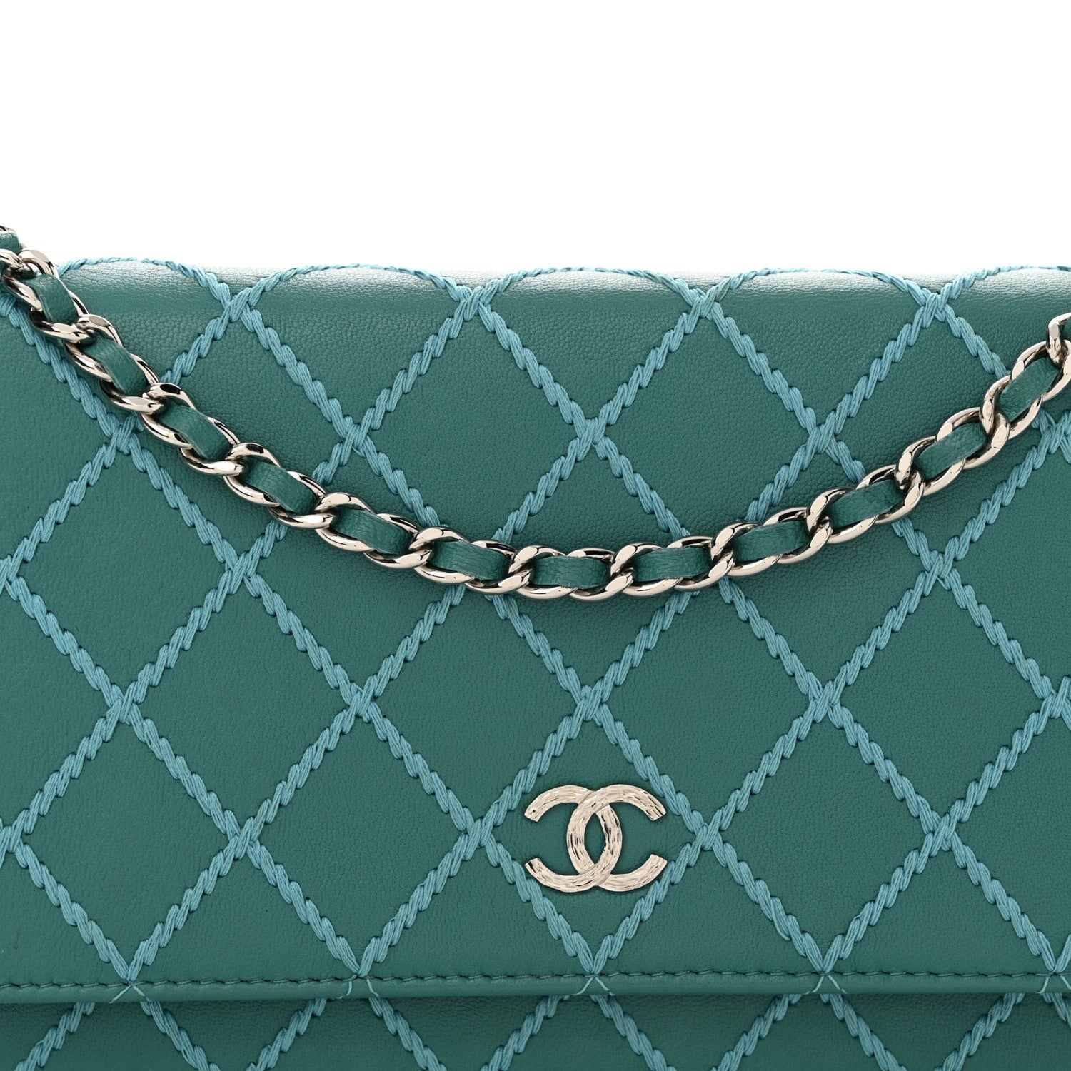 Chanel Calfskin Diamond Stitch Wallet On Chain WOC Turquoise 9 of 12
