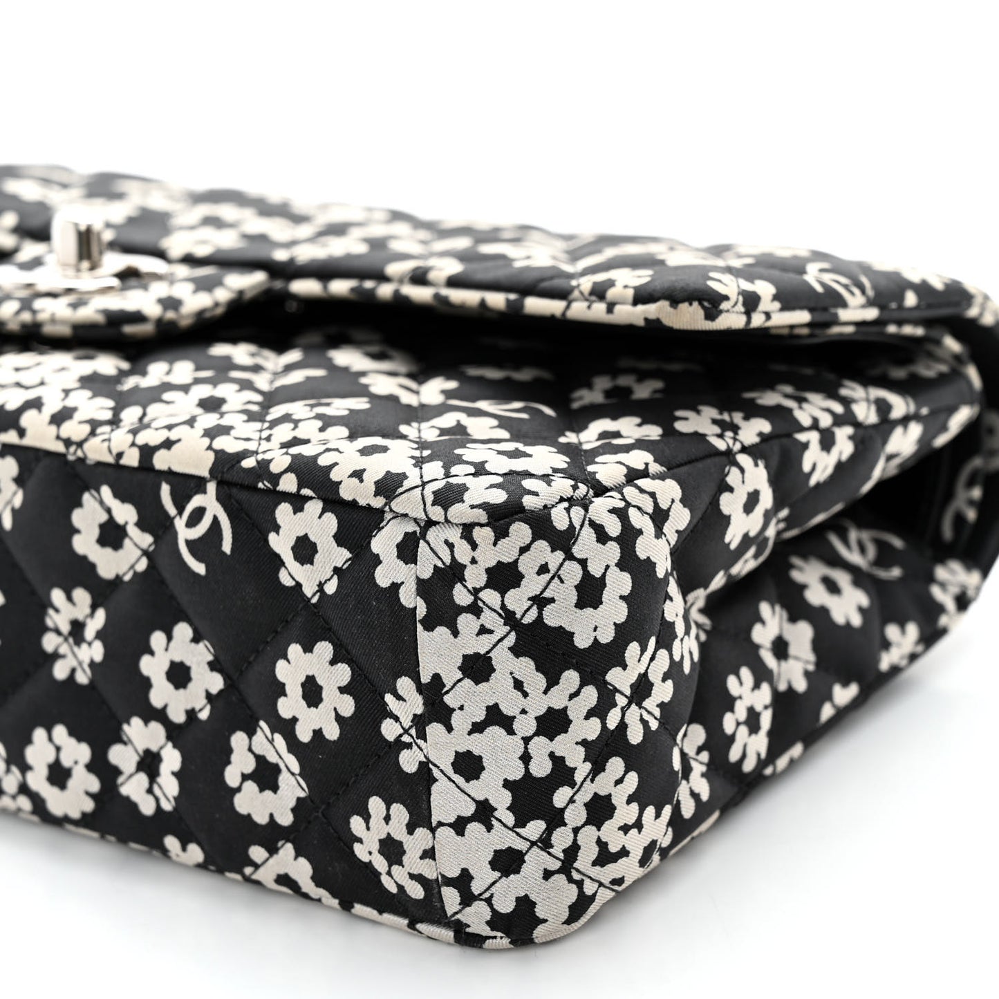 Canvas Floral Printed Quilted Medium Double Flap Black White