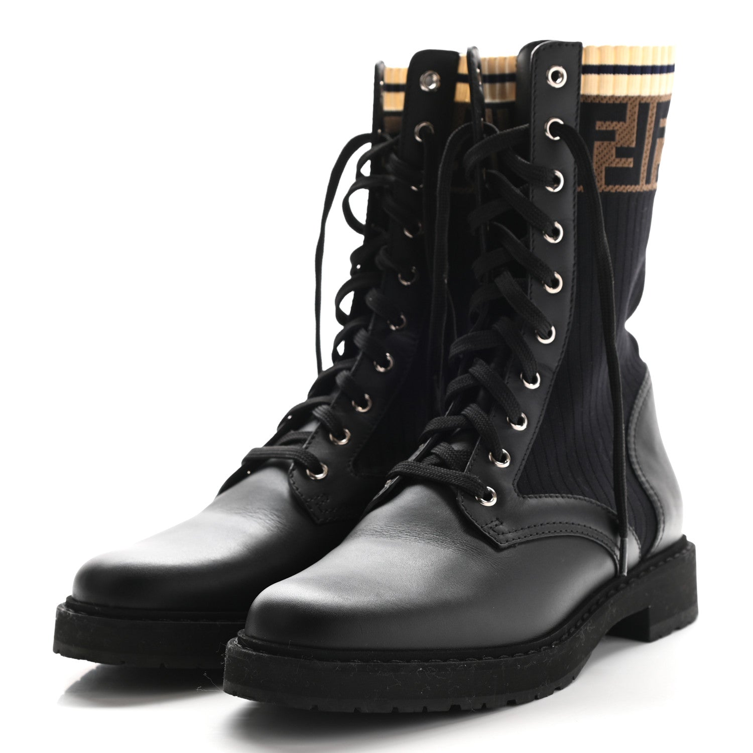 Fendi Calfskin Stretch Fabric Rockoko Biker Boots 39 Tobacco Black Marino 3 of 9