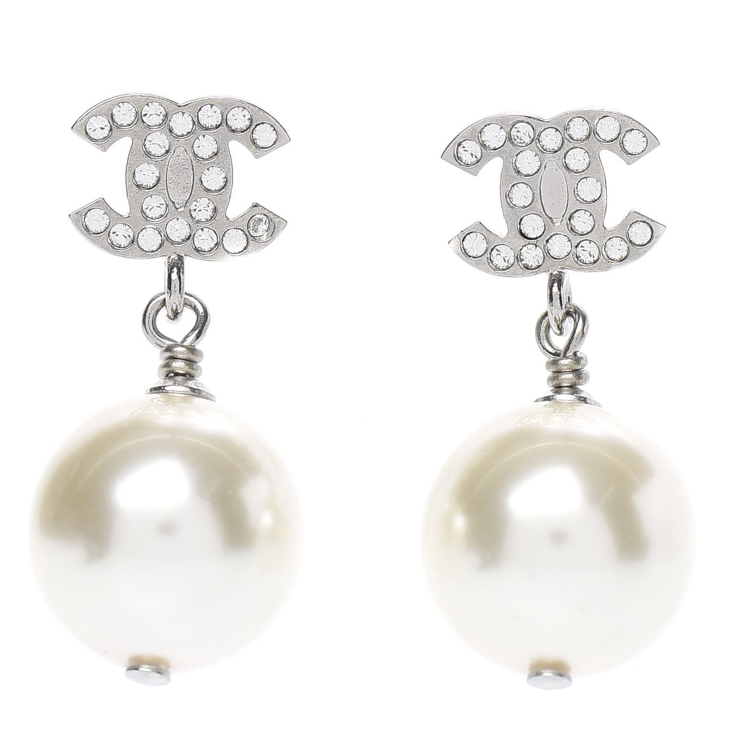 Crystal Pearl CC Drop Earrings Silver