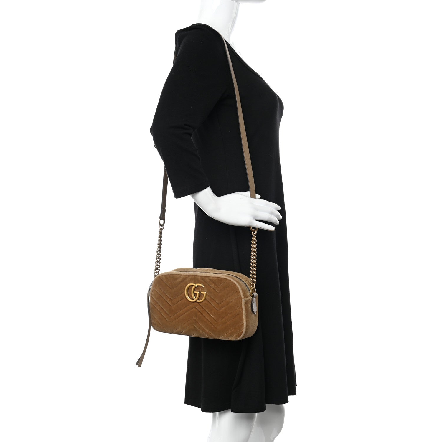 Gucci Velvet Matelasse Small GG Marmont Chain Shoulder Bag Taupe 2 of 14