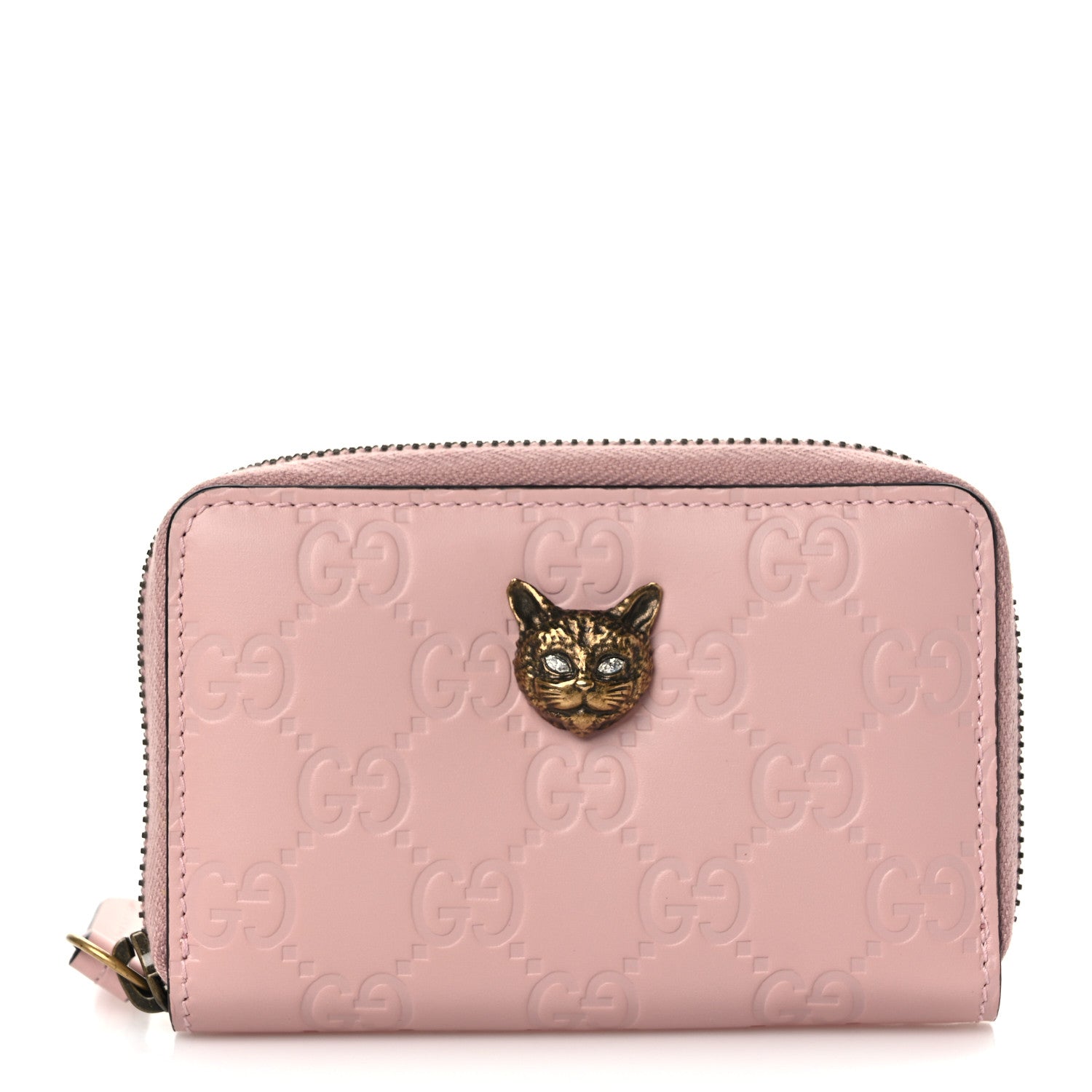Gucci Guccissima Signature Crystal Cat Zip Around Card Case Light Candy Pink 1 of 7