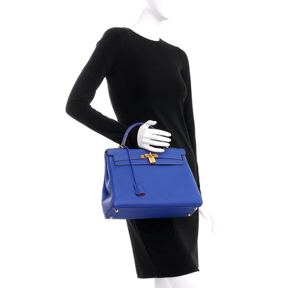 Hermes Togo Horseshoe Kelly Retourne 32 Bleu Electrique Rouge H 3 of 38