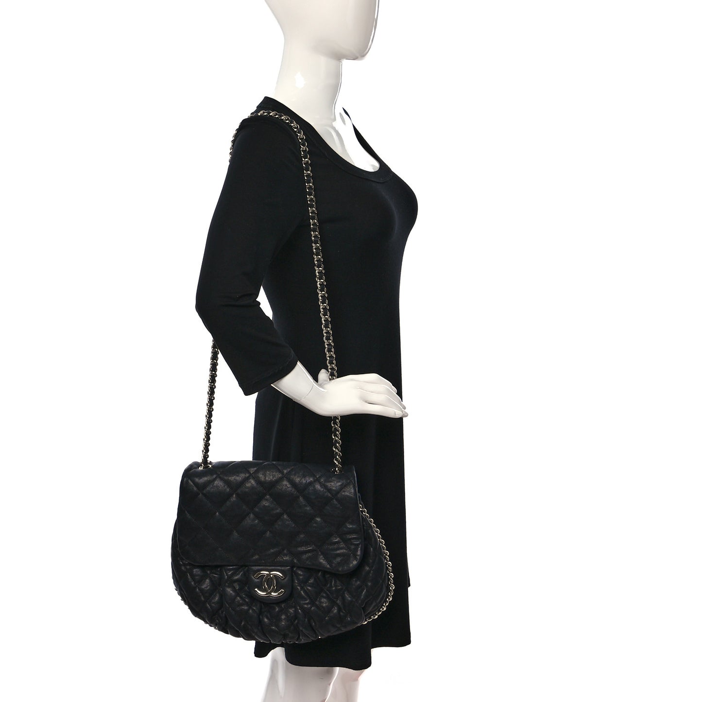 Washed Lambskin Quilted Large Chain Around Messenger Black
