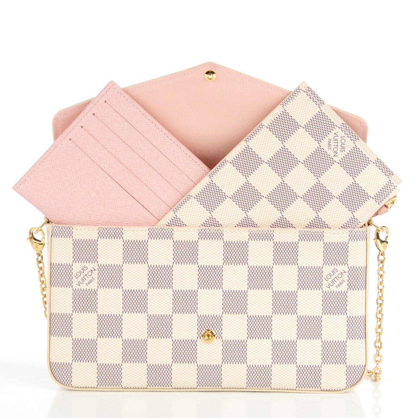 Damier Azur Pochette Felicie Chain Wallet Rose Ballerine