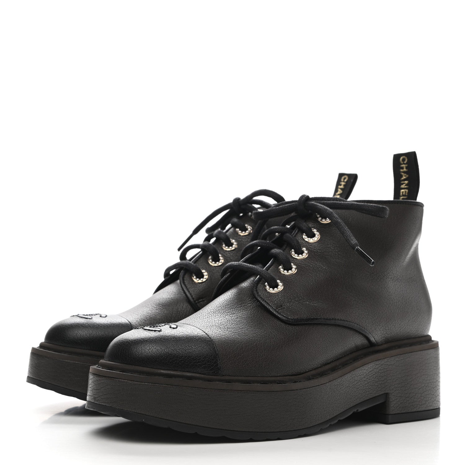 Chanel Goatskin Pearl Lace Up CC Short Boots 40 Brown Black 3 of 9