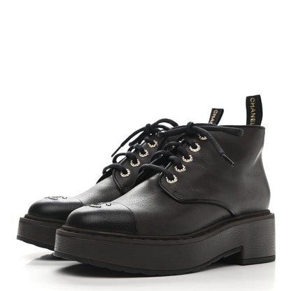 Chanel Goatskin Pearl Lace Up CC Short Boots 40 Brown Black 3 of 9