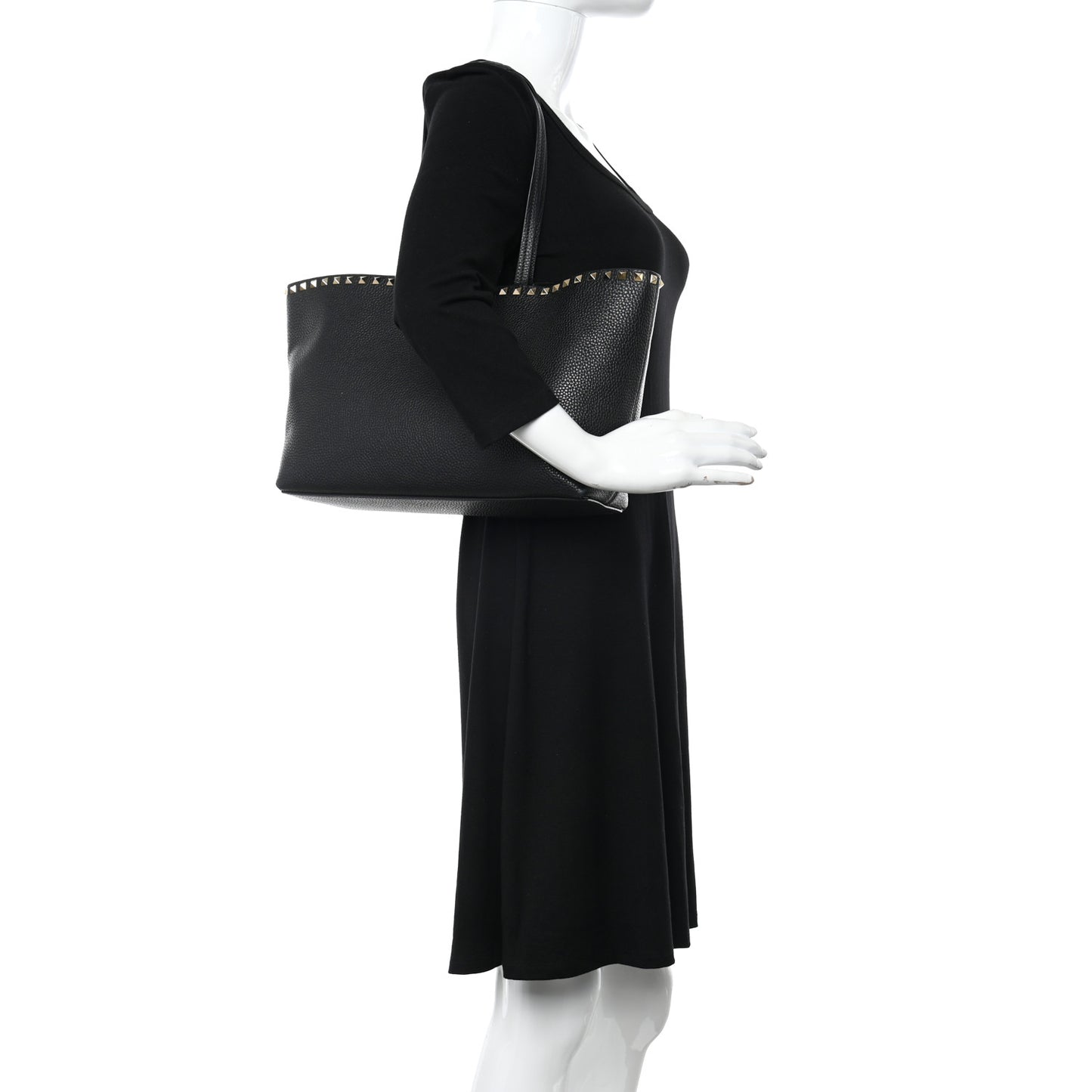 Grained Calfskin Small Rockstud Shoulder Tote Black