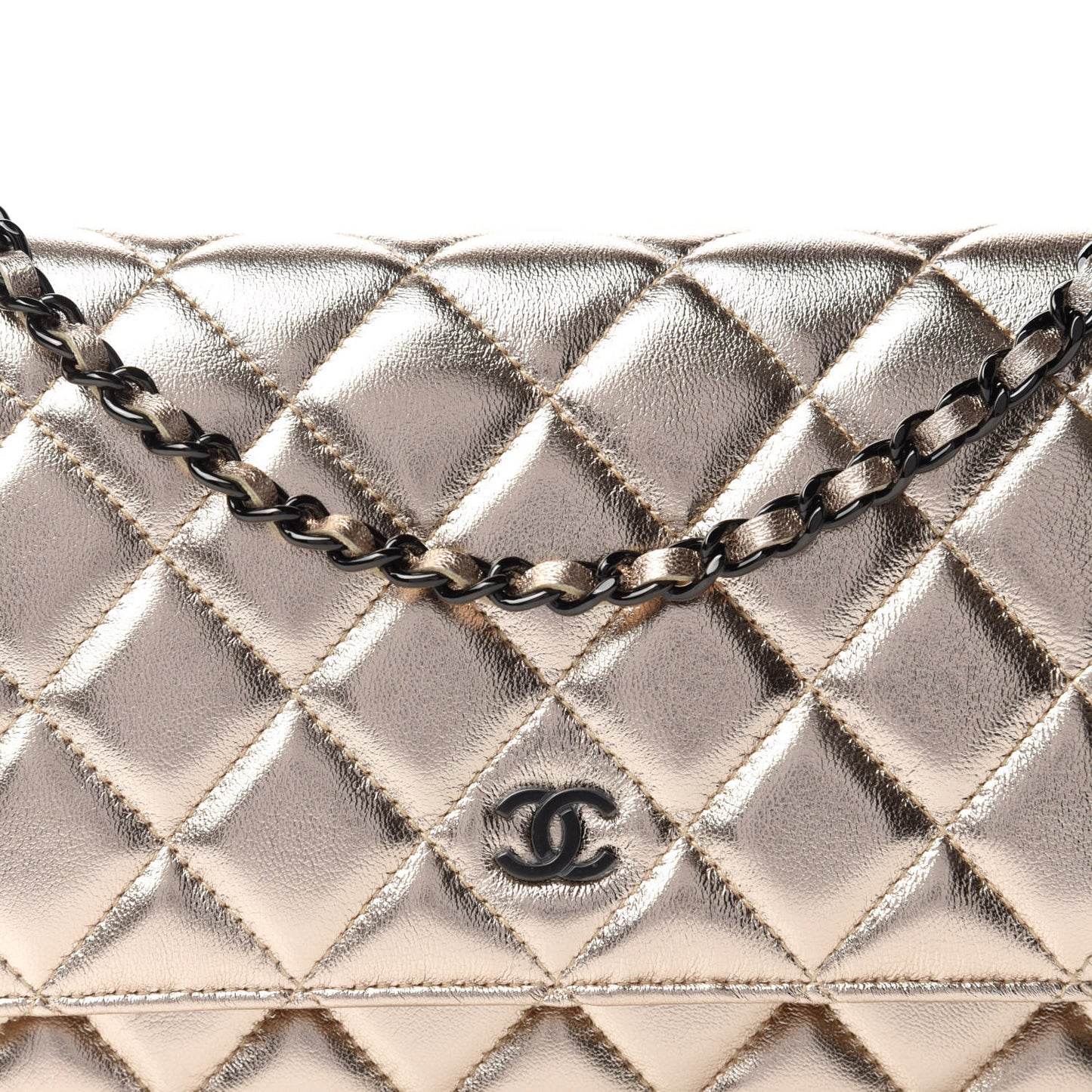 Metallic Lambskin Quilted Wallet On Chain WOC Gold Black