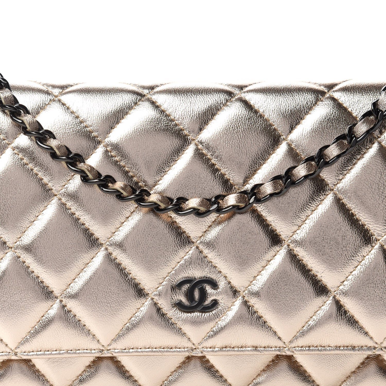 Chanel Metallic Lambskin Quilted Wallet On Chain WOC Gold Black 11 of 12