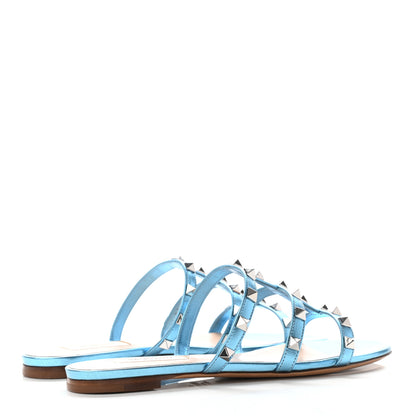Valentino Garavani Metallic Nappa Rockstud Caged Flat Slide Sandals 36.5 Cerulean 4 of 8