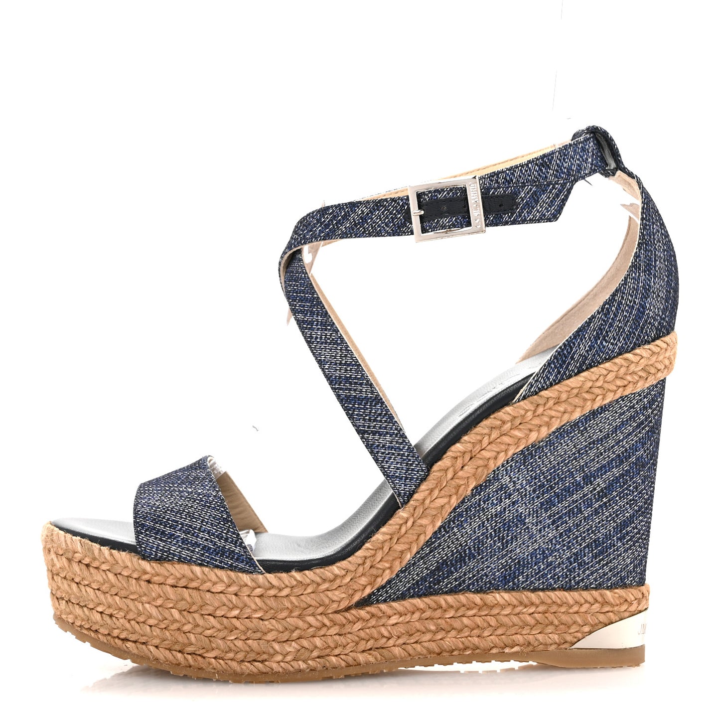 Metallic Denim Cork Portia 120 Wedge Sandals 40 Navy