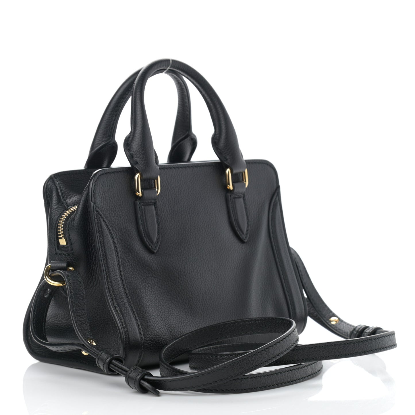 Pebbled Calfskin Mini Skull Padlock Zip Around Tote Black