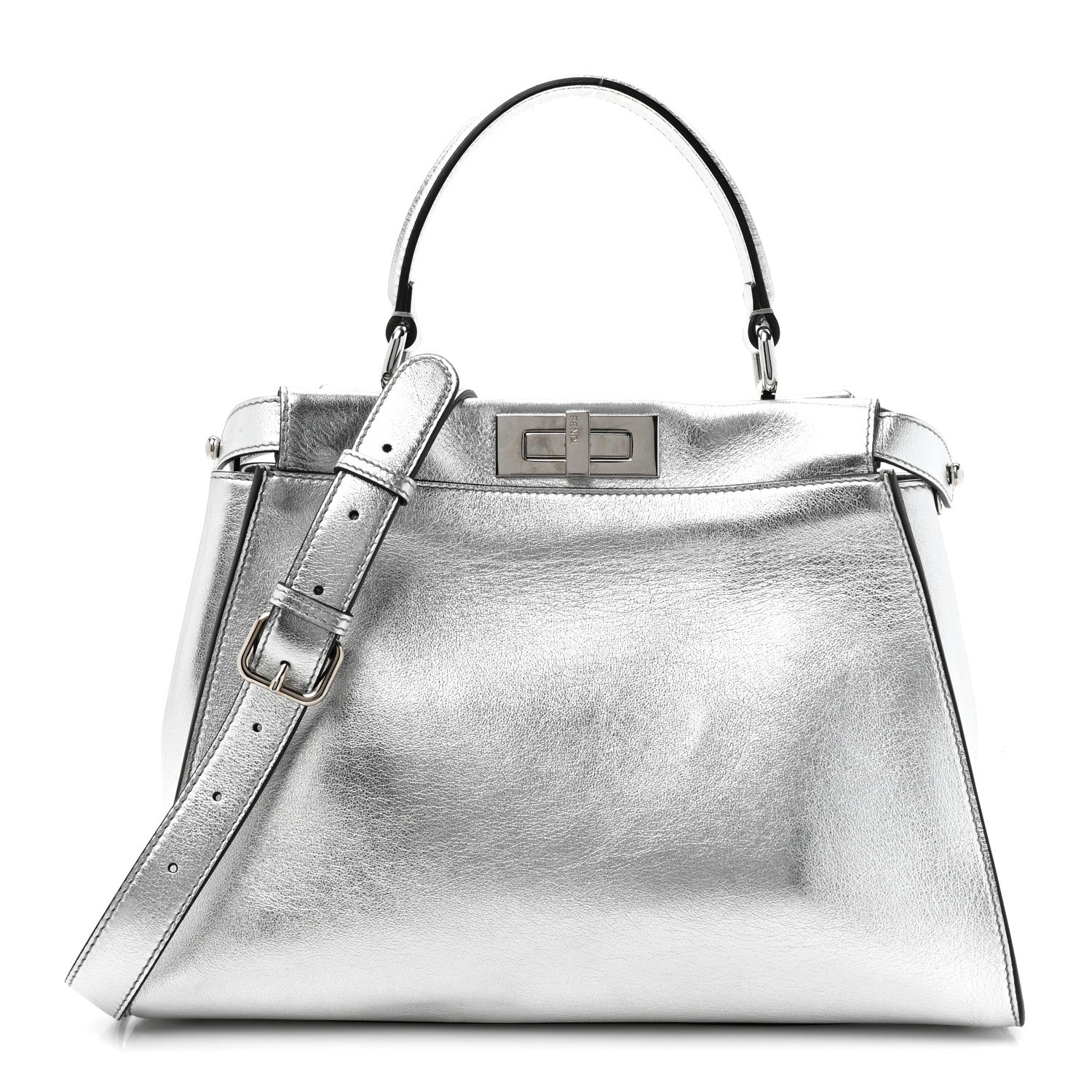 Fendi Vitello Catalan Mirror Medium Peekaboo Iconic Satchel Argento 1 of 17
