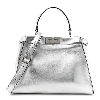 Fendi Vitello Catalan Mirror Medium Peekaboo Iconic Satchel Argento 1 of 17