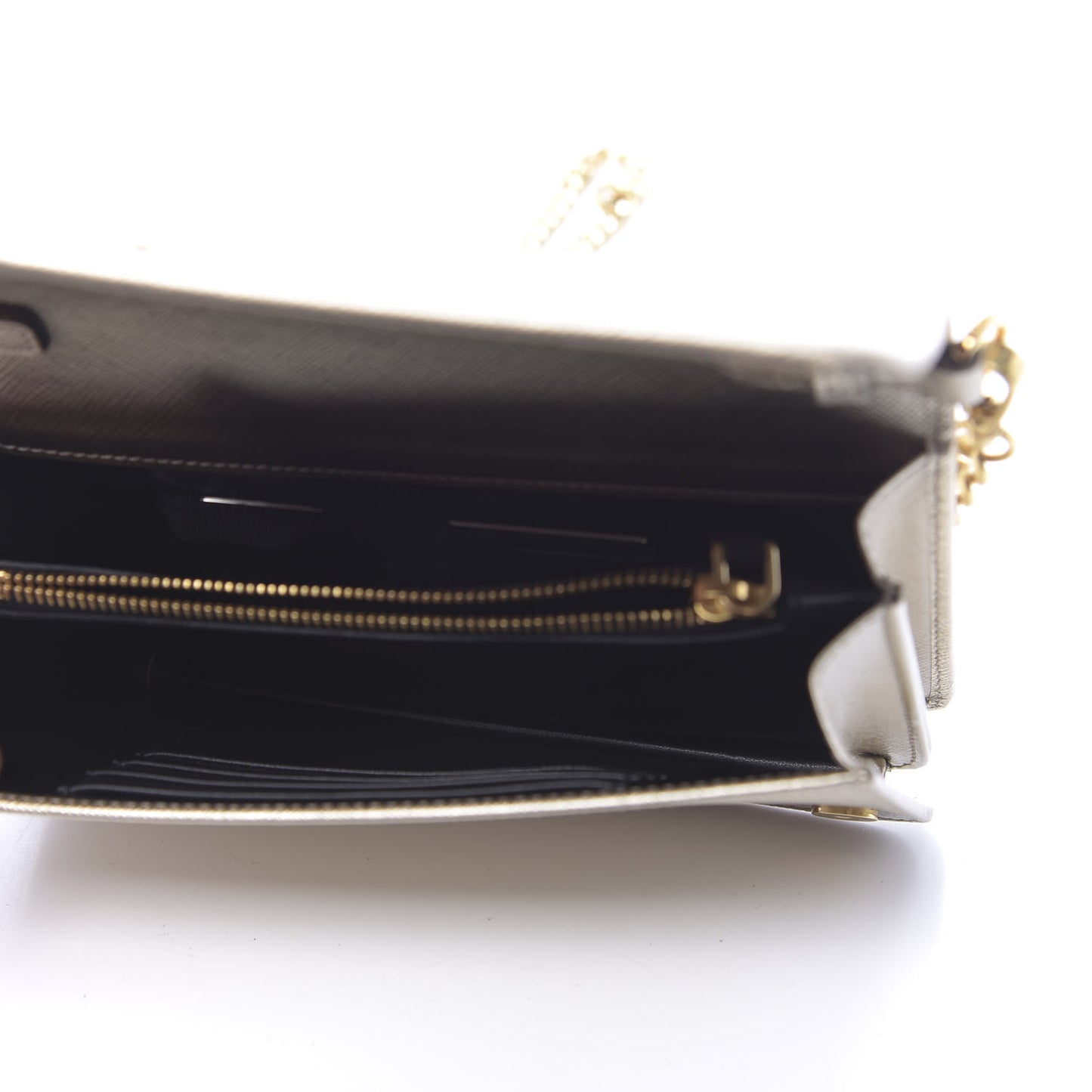 Metallic Saffiano Lux Chain Wallet Pirite