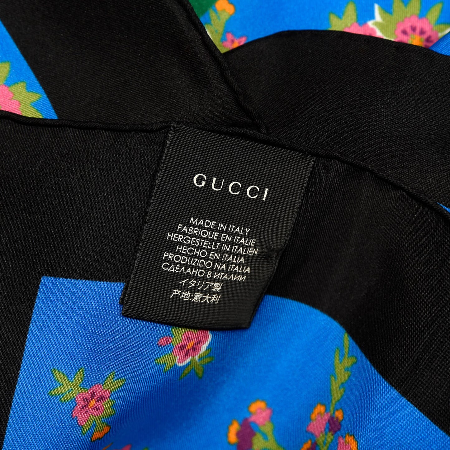 Silk Floral Print Web Square Scarf Black Blue