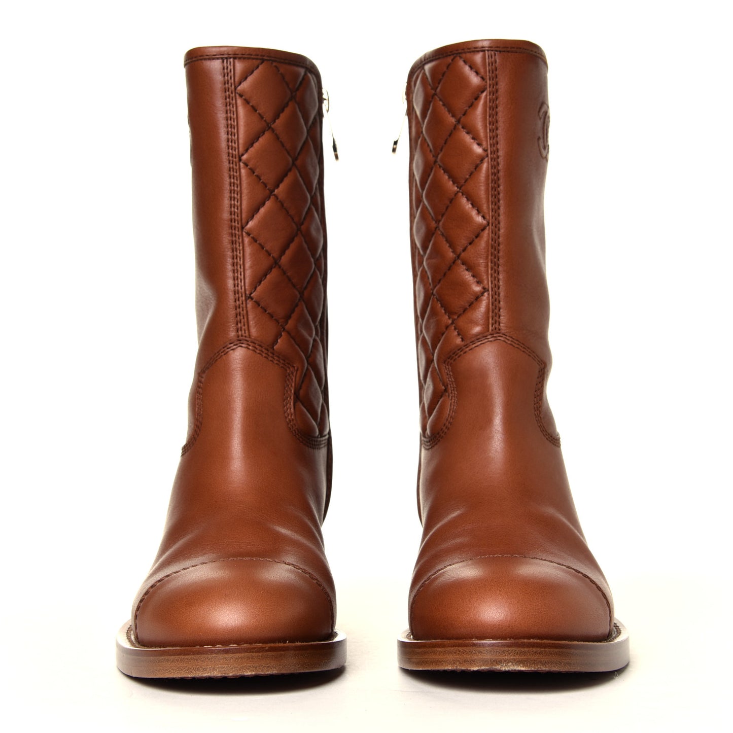 Calfskin Quilted CC Logo Mid Calf Boots 38 Caramel