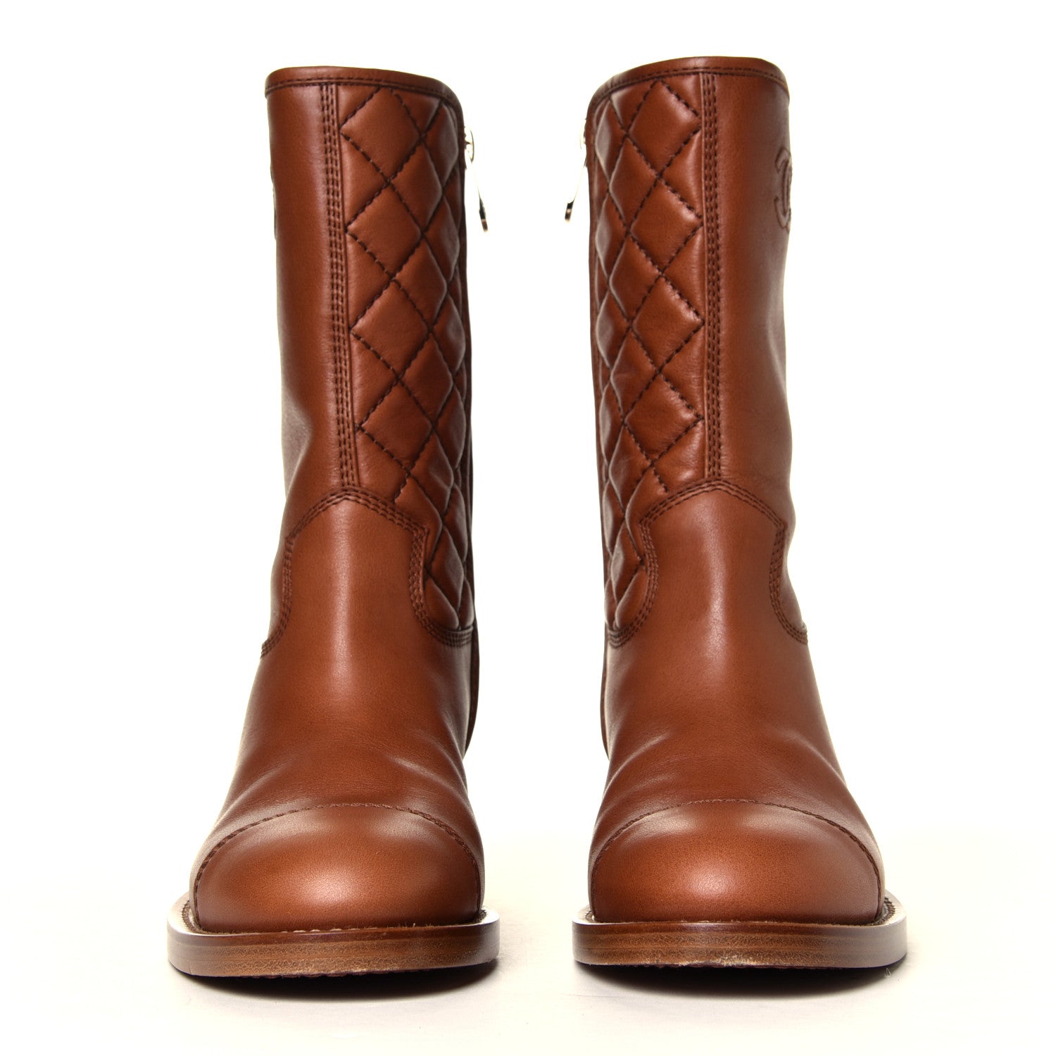 Chanel Calfskin Quilted CC Logo Mid Calf Boots 38 Caramel 4 of 7