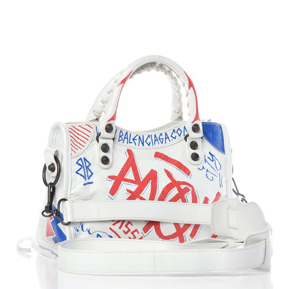 Balenciaga Agneau Graffiti All Over Classic Hardware Mini City White Bleu Rouge 4 of 8