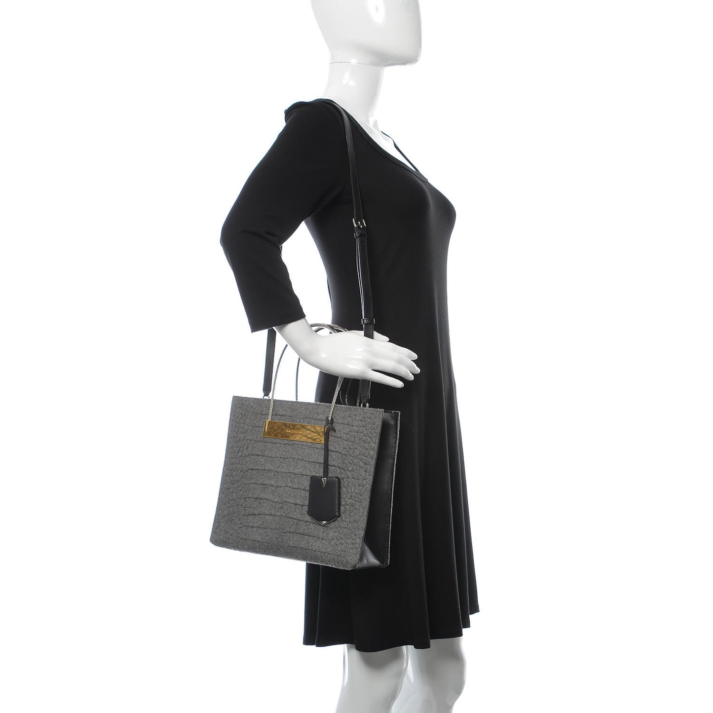 Crocodile Embossed Wool Small Cable Shopper Tote Grey
