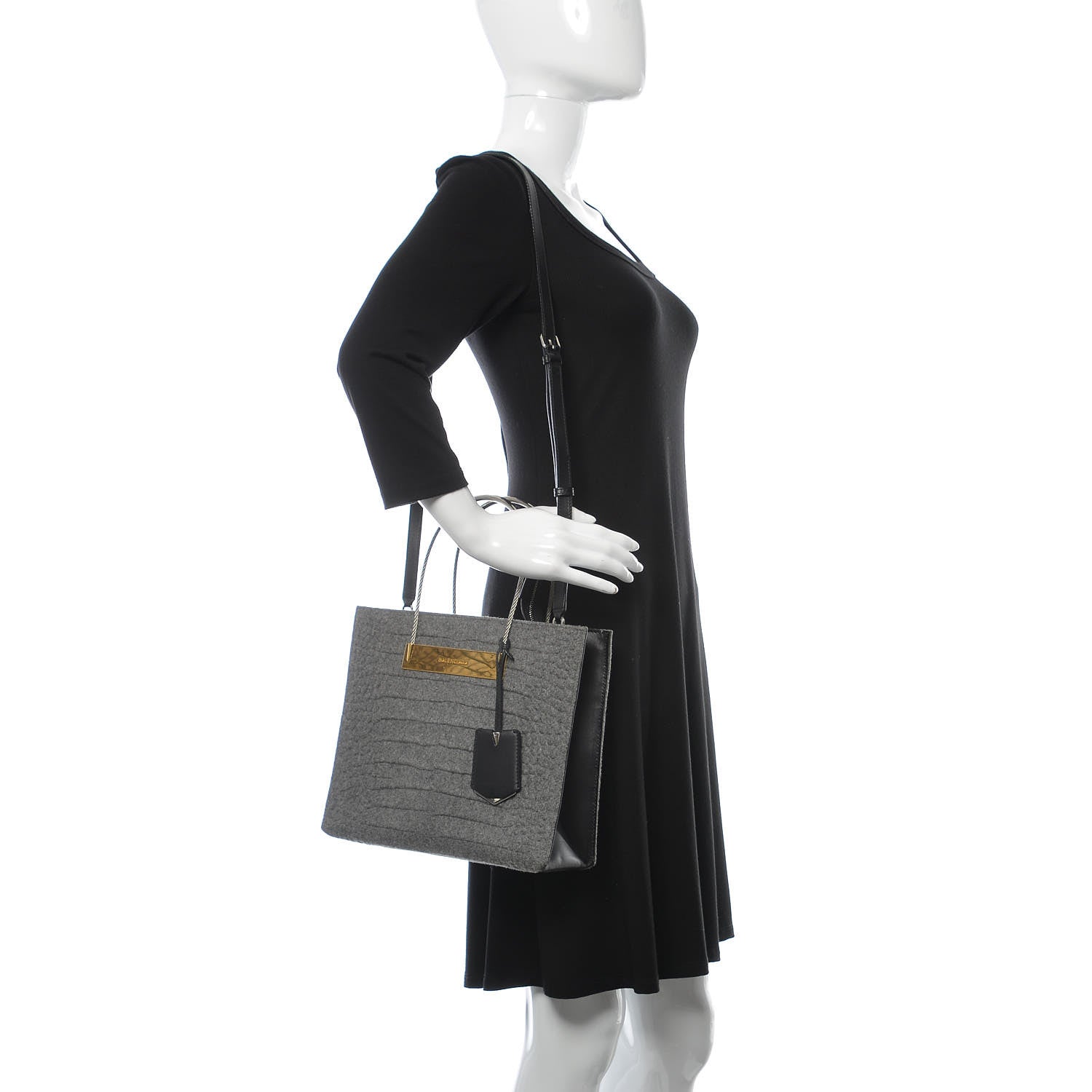 Balenciaga Crocodile Embossed Wool Small Cable Shopper Tote Grey 2 of 8