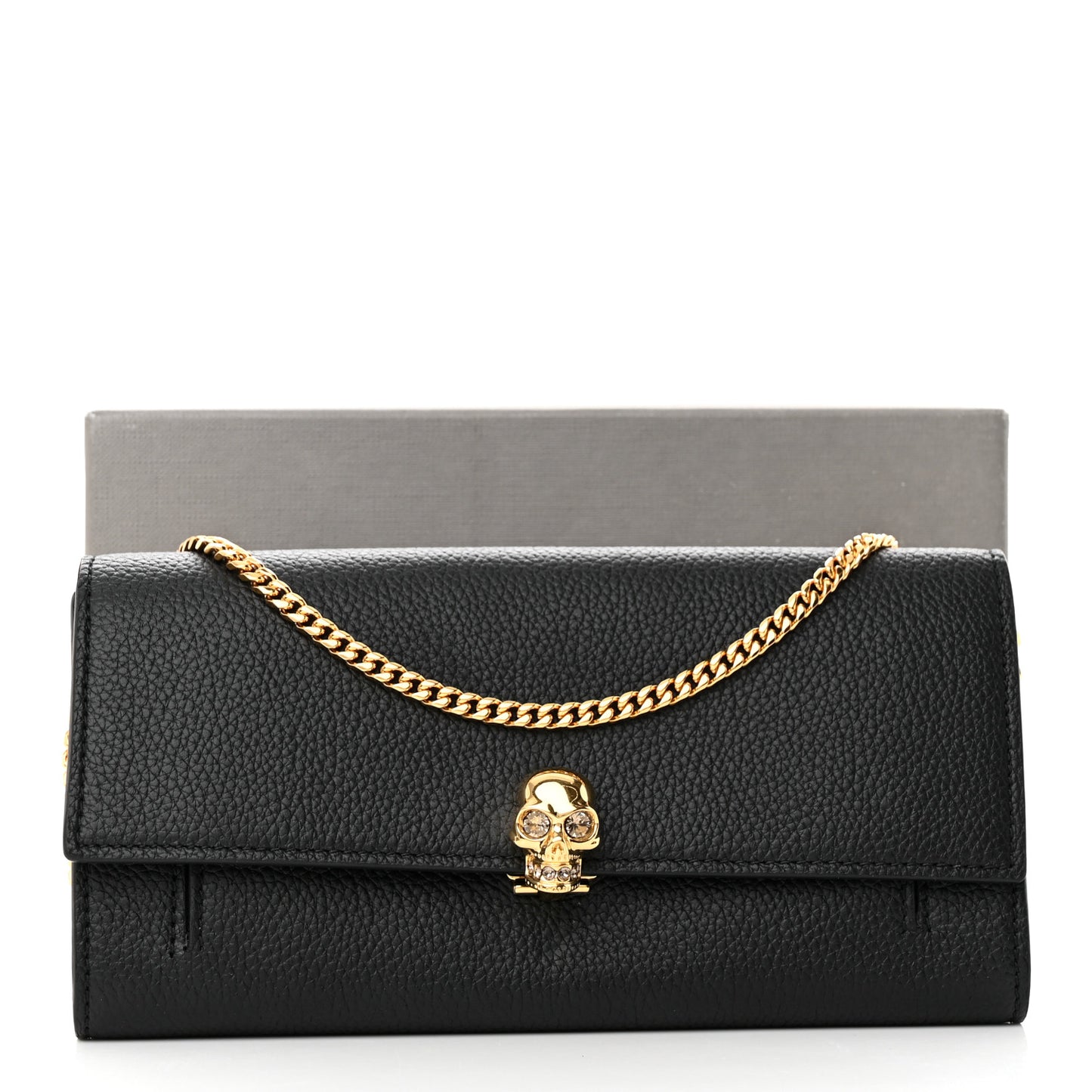 Pebbled Calfskin Skull Wallet on Chain Black