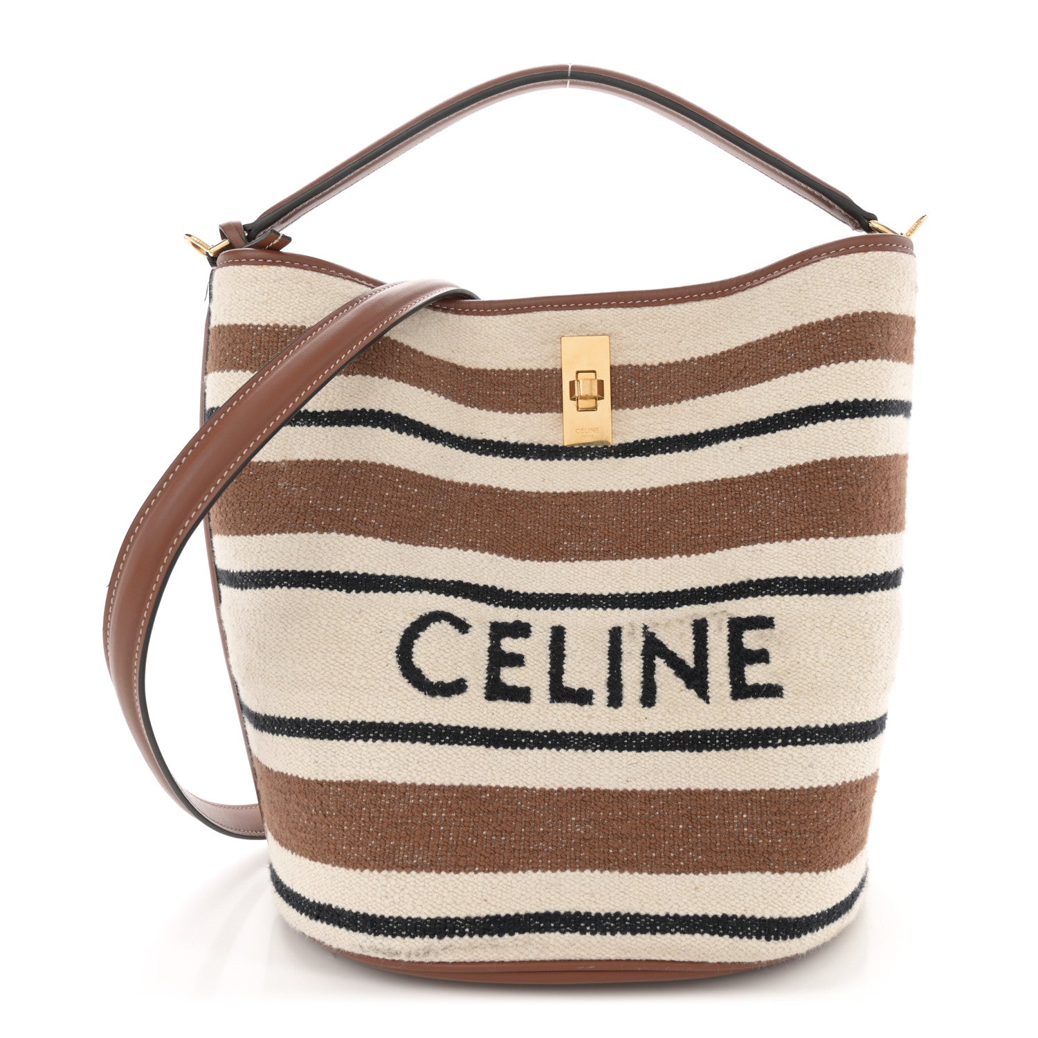 Celine Canvas Smooth Calfskin Logo Bucket 16 Bag Brown Off White Tan 1 of 14