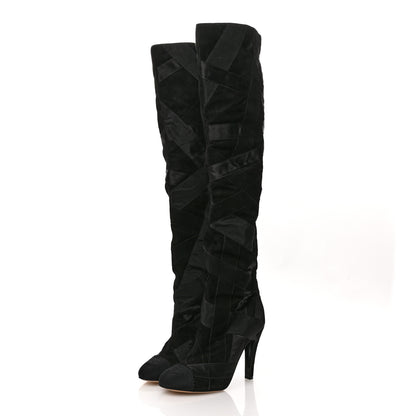 Chanel Suede Grosgrain Patchwork Over The Knee Boots 38.5 Black 3 of 10