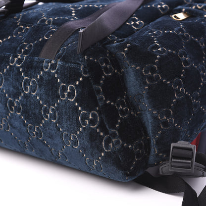 Gucci Velvet GG Monogram Web Medium Double Buckle Backpack Blue Beige Black 6 of 9