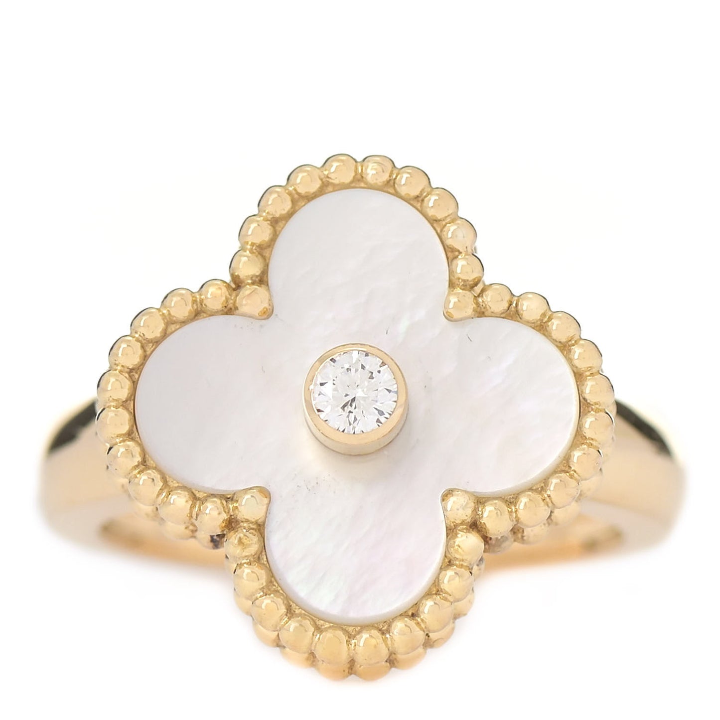 18K Yellow Gold Diamond Mother of Pearl Vintage Alhambra Ring 48 4.5