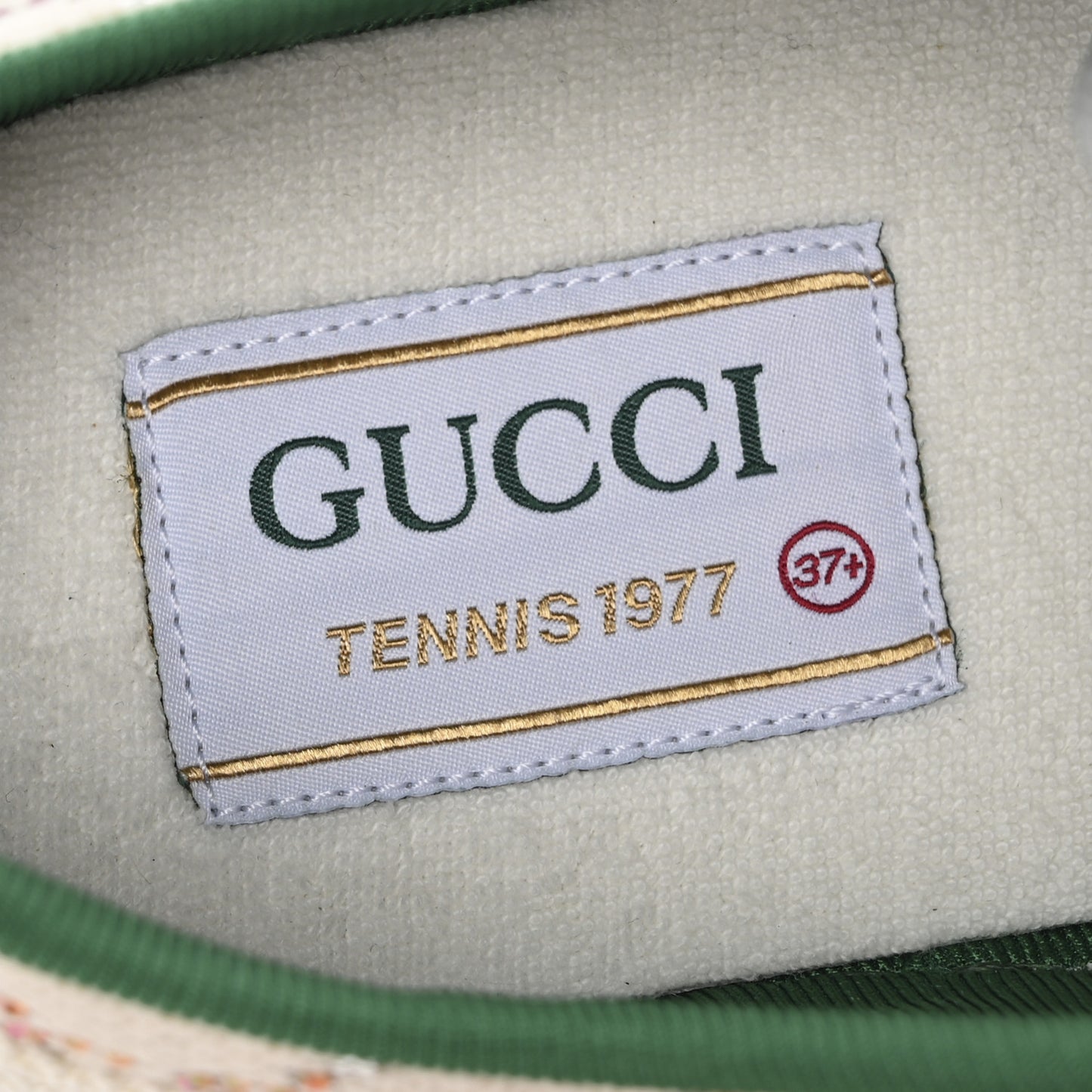 Canvas Lame Crystal GG Monogram Womens 1977 Tennis Sneakers 37.5 Gardenia Silver Mystic White