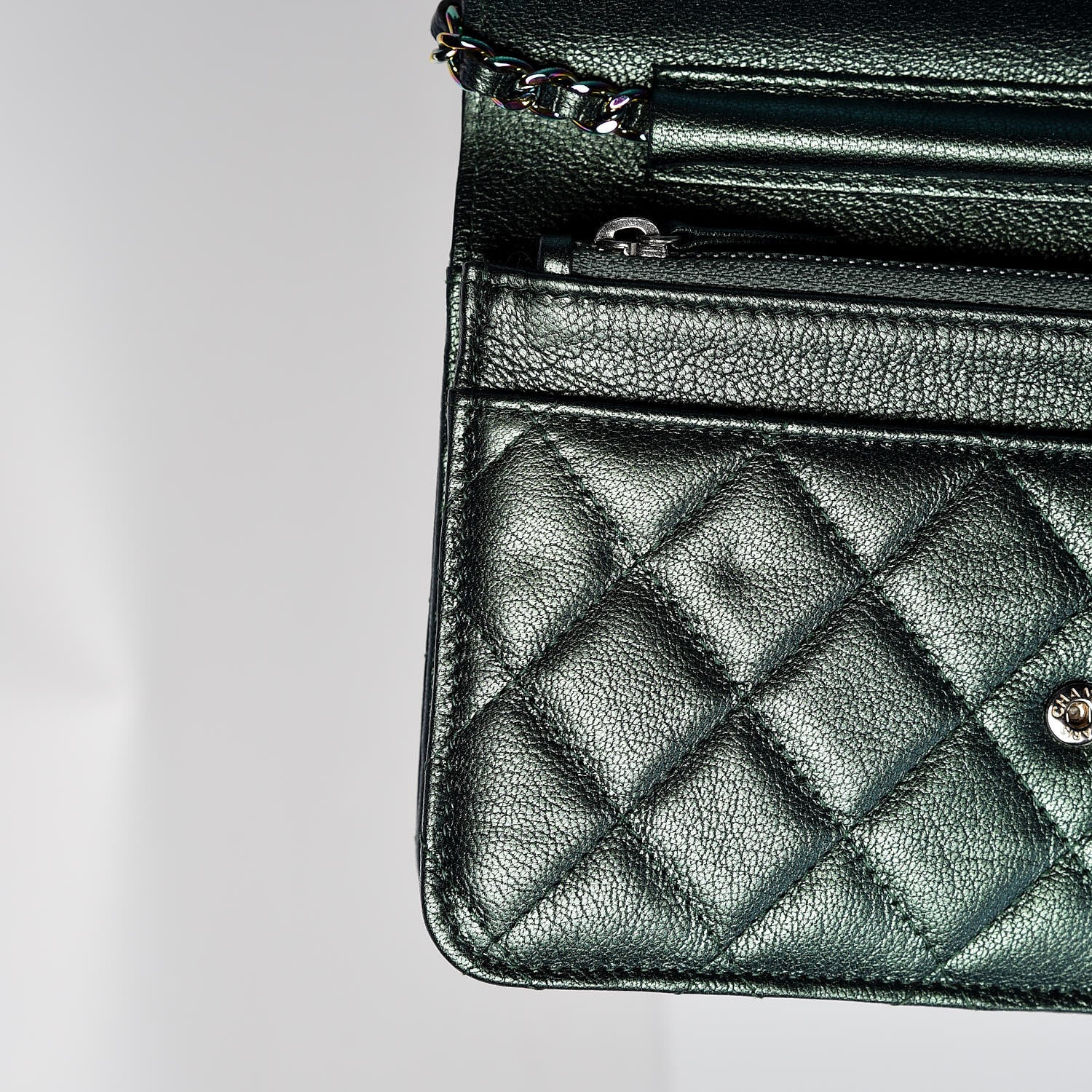 Chanel Iridescent Goatskin Quilted Wallet On Chain WOC Green 12 of 13