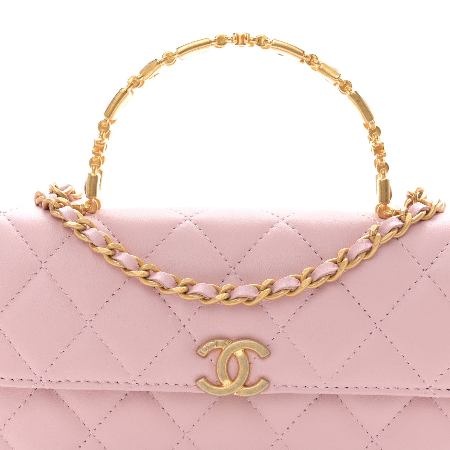 Lambskin Enamel Quilted Top Handle Flap Phone Holder With Chain Pink