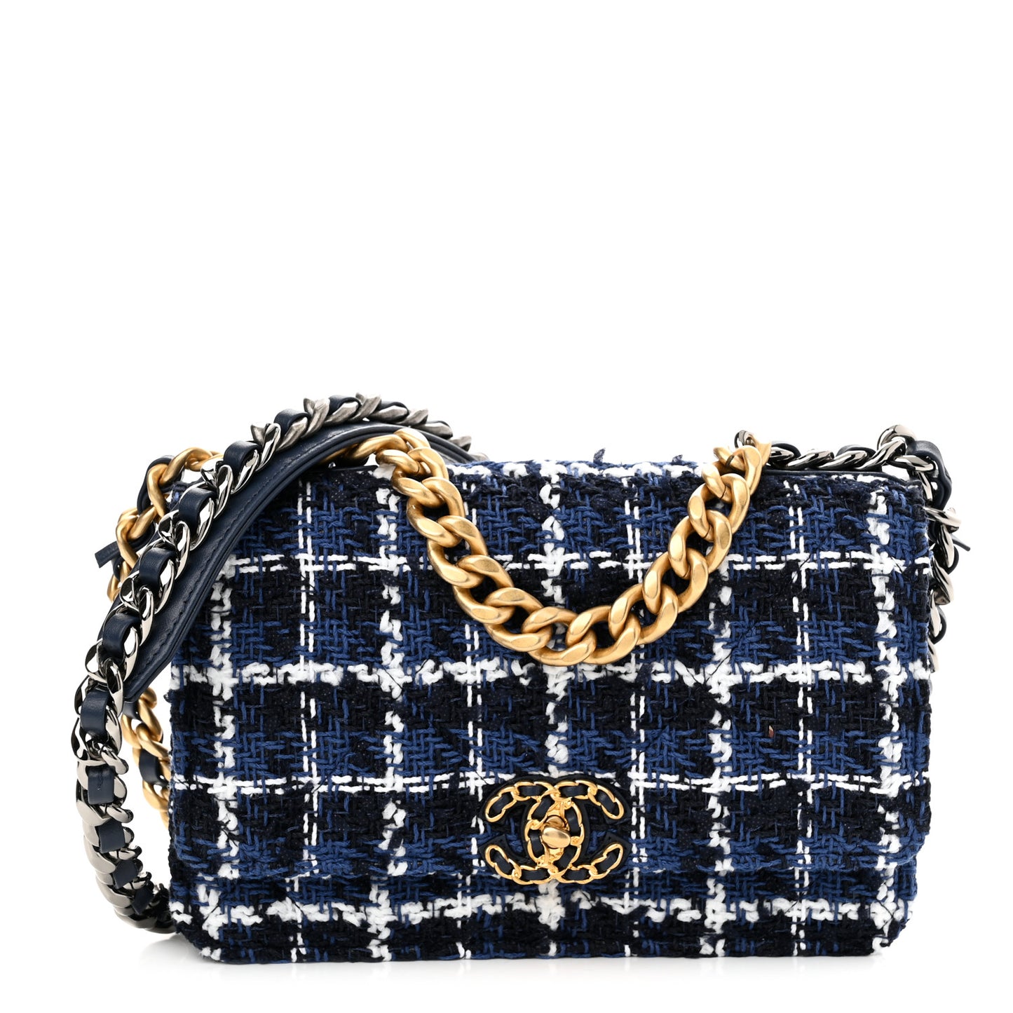 Tweed Quilted Chanel 19 Wallet On Chain WOC Blue White Navy Blue