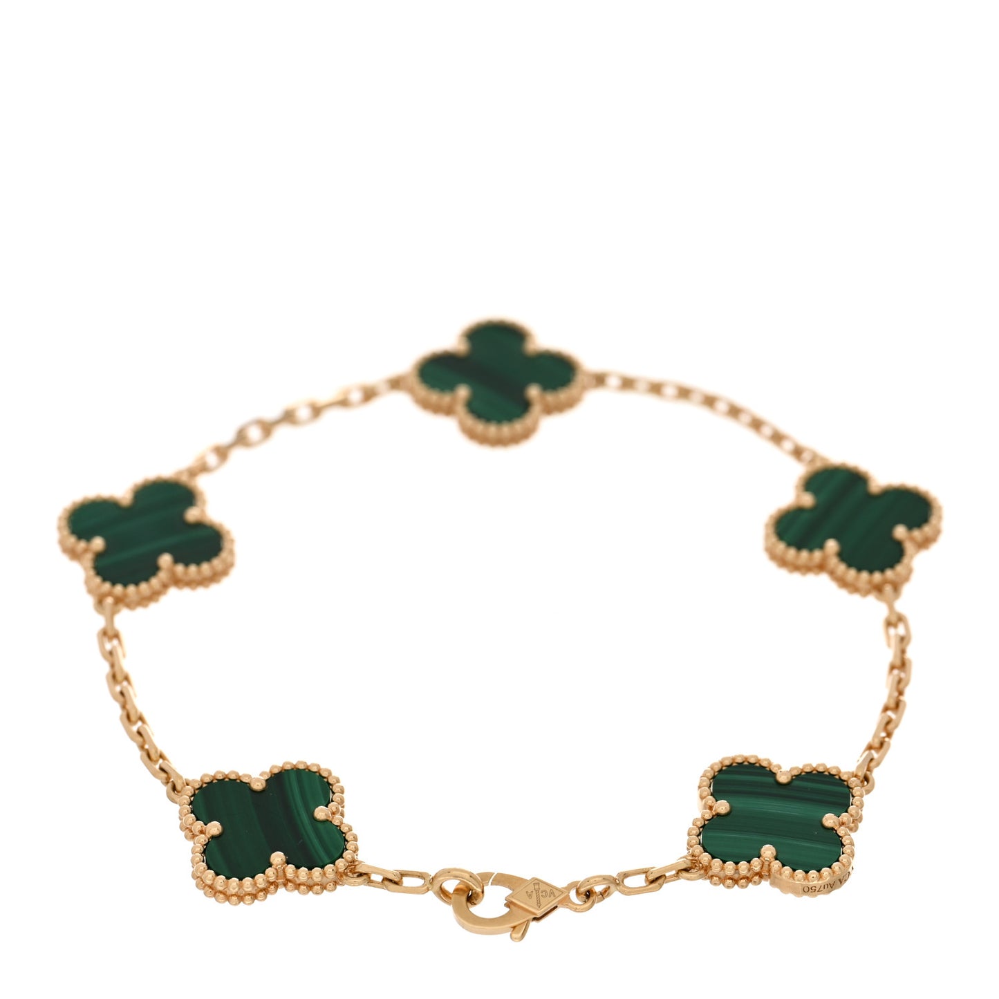 18K Yellow Gold Malachite 5 Motifs Vintage Alhambra Bracelet