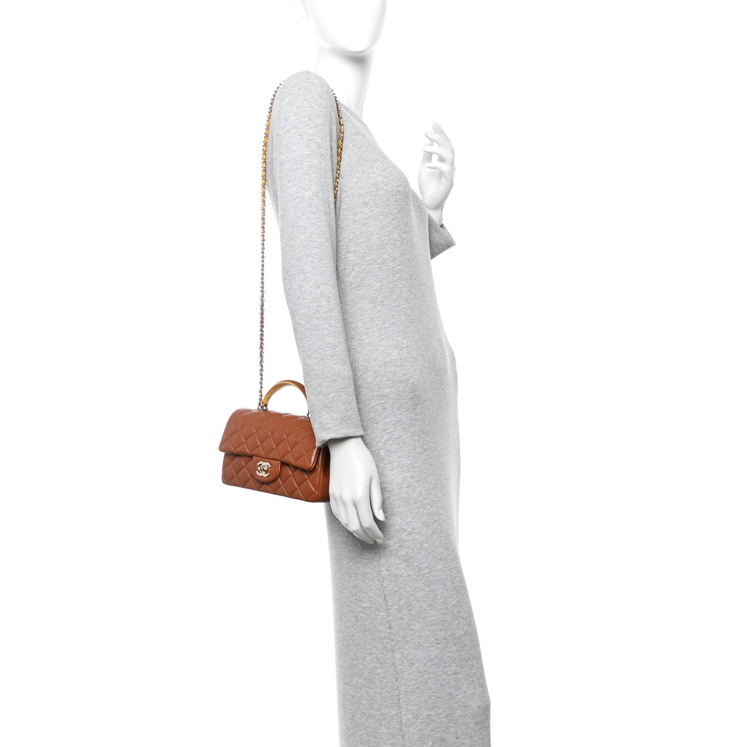 Chanel Lambskin Quilted Bi-Color Mini Top Handle Rectangular Flap Light Brown Yellow 2 of 10