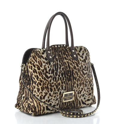 Valentino Garavani Calf Hair Cavallino Animal Rockstud Dome Satchel Leopard 3 of 9