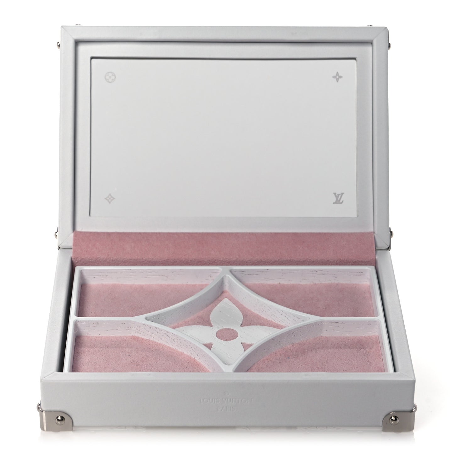 Calfskin Mirror Monogram Etched Jewelry Box Trunk White
